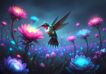 Conceptual illustration of a robotic hummingbird pollinating a field of glowing neon flowers, digital art