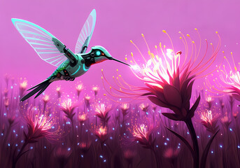 Conceptual illustration of a robotic hummingbird pollinating a field of glowing neon flowers, digital art