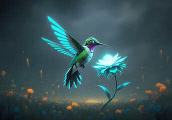 Conceptual illustration of a robotic hummingbird pollinating a field of glowing neon flowers, digital art