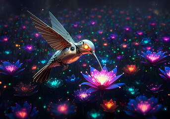 Conceptual illustration of a robotic hummingbird pollinating a field of glowing neon flowers, digital art