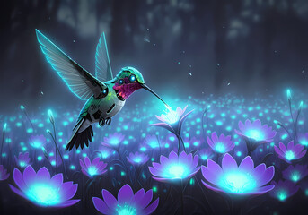 Conceptual illustration of a robotic hummingbird pollinating a field of glowing neon flowers, digital art