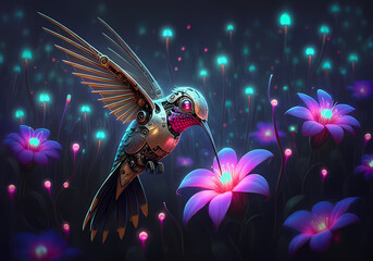 Conceptual illustration of a robotic hummingbird pollinating a field of glowing neon flowers, digital art