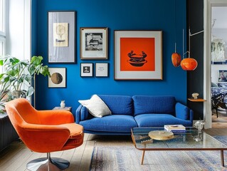 Vibrant Blue Living Room Decor With Orange Accent Chair