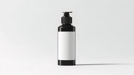 Black bottle with pump dispenser and white label.