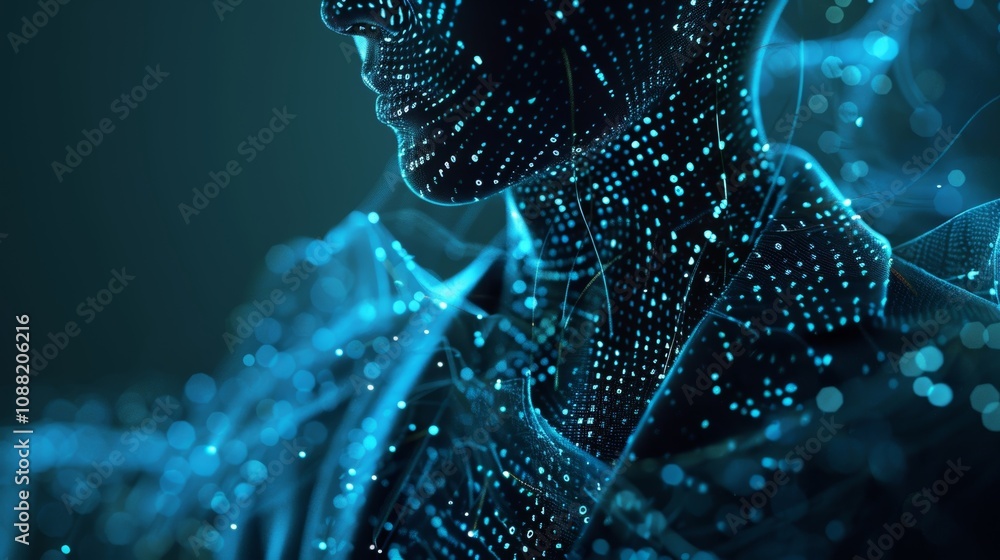 Poster futuristic human face made of digital binary code is emerging from a glowing blue data flow, symboli