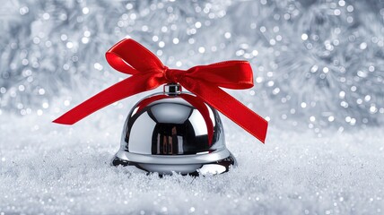 Silver Jingle Bell with Red Bow on Sparkling Snow 