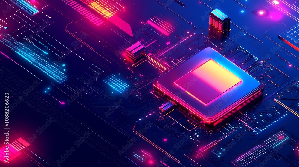 Poster colorful neon circuitboard with central glowing processor technology concept : generative ai