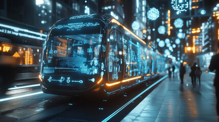 Fototapeta premium Futuristic Holographic Tram, Cityscape, Public Transit, Transportation, Technology