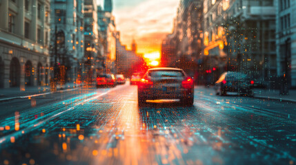 Autonomous Vehicle, Cityscape, Sunset, Data Stream, Glitch Art