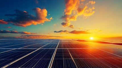 Expansive Solar Panel Field Under Dramatic Sunset with Vibrant Colors : Generative AI