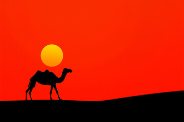 Naklejka premium A camel is walking across a desert at sunset