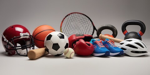 a photo of various sports equipment and accessorie
