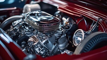 Fototapeta premium Classic car engine rebuild auto workshop close-up process industrial setting detailed view mechanical craftsmanship