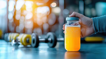 Athlete s hand reaching for sports drink on gym floor, symbolizing energy, focus, and determination, sports drinks  energy  intensity