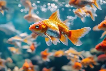 Obraz premium Swimming Goldfish in Vibrant Aquarium with Crystal Clear Water and Decorative Underwater Scenery : Generative AI