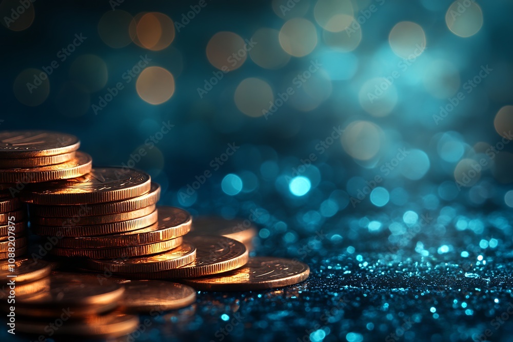 Poster Stack of Shiny Gold Coins on Sparkling Blue Background Bokeh Effect : Generative AI
