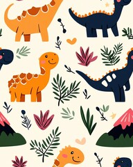 A Seamless Pattern A colorful, playful dinosaur pattern perfect for children's decor and educational material.