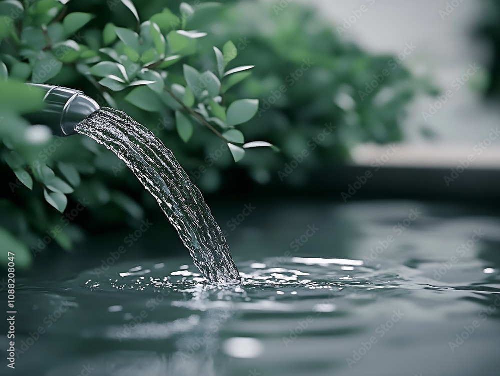 Poster serene flow of clean water from fountain surrounded by green foliage and tranquil reflection : gener