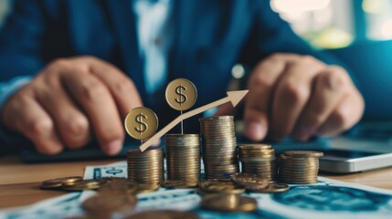 Businessman stacking money coins with up arrow and percentage symbol for financial banking increase...