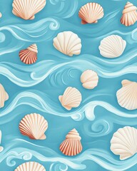 A Seamless Pattern A vibrant pattern of seashells floating on turquoise waves creates a serene ocean vibe.