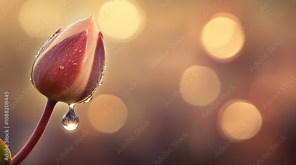 Poster close-up of tulip bud with dewdrops and soft bokeh background in natural morning light : generative 