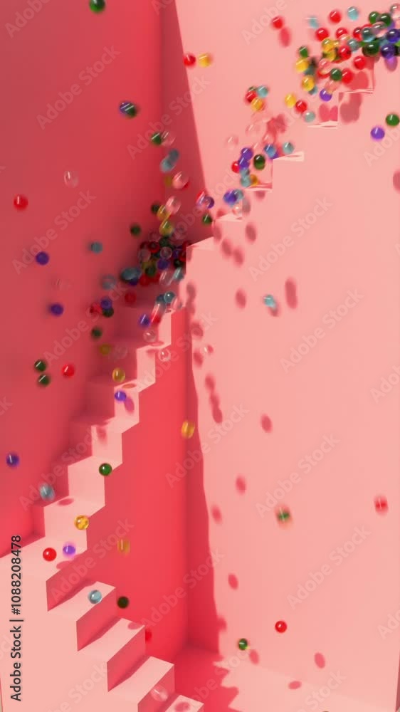 Aufkleber 3d color balls falling abstract animation in pink stairs collision realistic gravity
