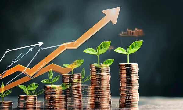 A growth chart with coins and plants symbolizing financial success and sustainability.