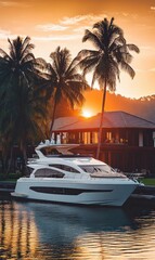 Experience Luxurious Comfort on a Yacht at Sunset Amidst Tropical Palms: A Perfect Vacation Getaway Awaits You