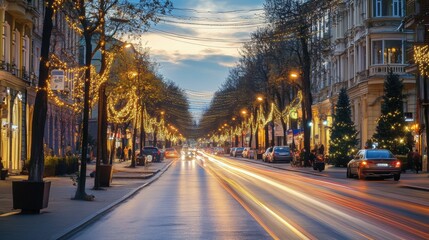 Fototapeta premium As evening falls, car lights create a blurred effect on a vibrant city street adorned with festive lights and decorations. Generative AI