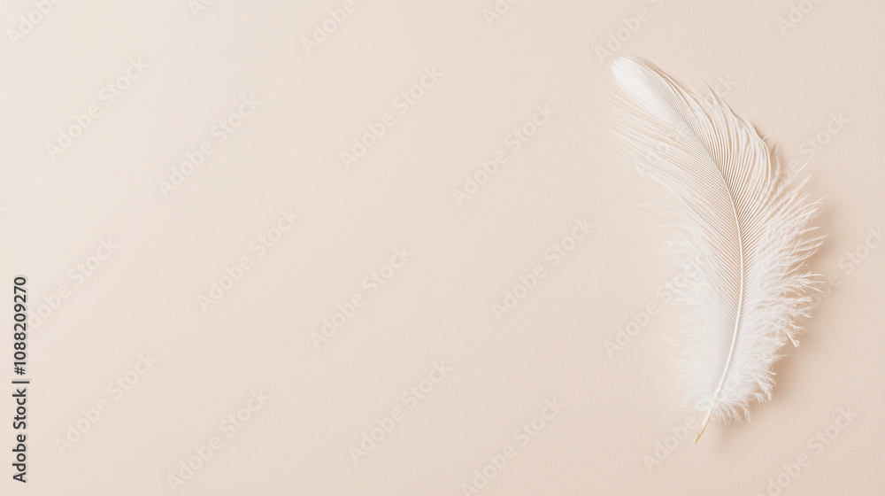 Poster minimalist feather on beige background: a single white feather rests gently on a soft beige backdrop