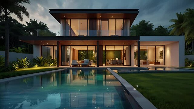 A luxury house in the middle of the forest with a swimming pool. Seamless 4K looping timelapse video animation background
