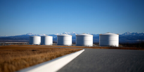 Large storage tanks at refinery facility with mountains in background. clear blue sky enhances industrial landscape, showcasing tanks and surrounding nature