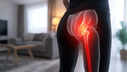 Hip Pain Illustration: A woman experiences discomfort in her hip joint, with a red glow highlighting the affected area. The illustration conveys the pain and discomfort associated with hip problems. 