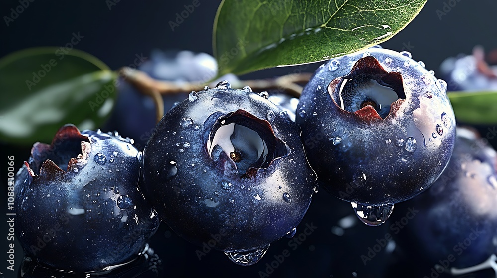 Aufkleber high-resolution image of juicy blueberries with fresh leaves and water droplets : generative ai