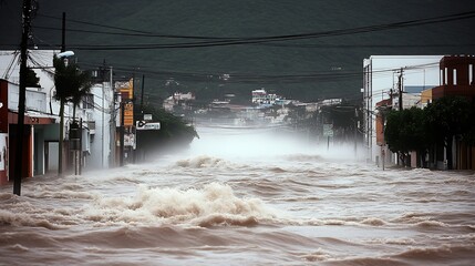 Urban Flooding in City Street During Extreme Weather Event with Overwhelming River Overflow : Generative AI