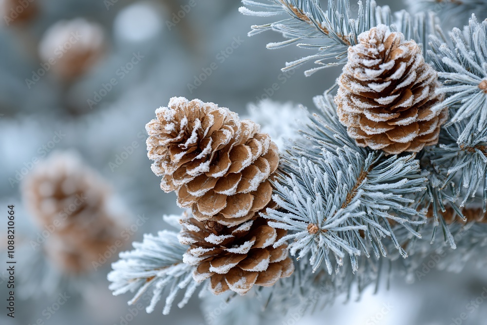 Aufkleber frosty pine cones on evergreen branches in winter forest : generative ai