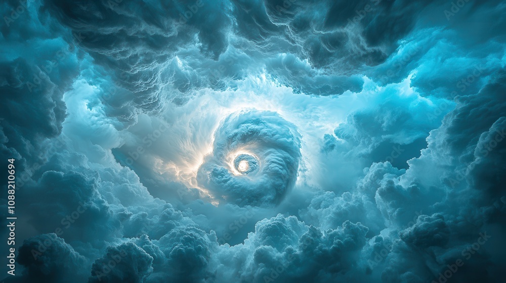 Poster a swirling vortex of clouds illuminated by ethereal blue light, creating a mystical atmosphere in th