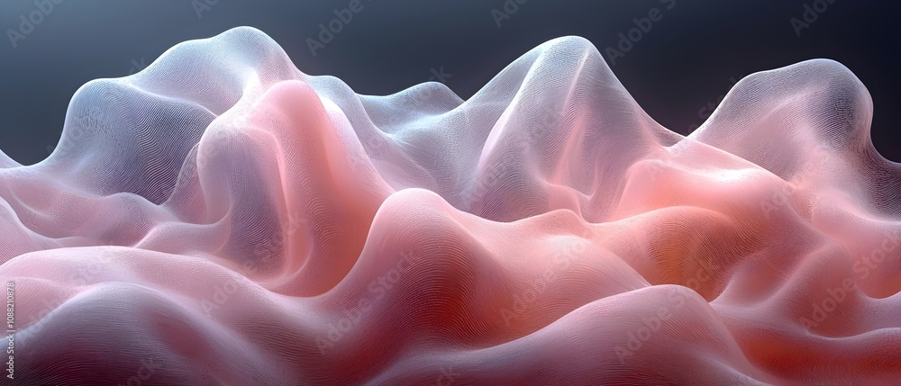 Poster abstract digital landscape with smooth, flowing shapes in shades of pink and white, creating a soft 