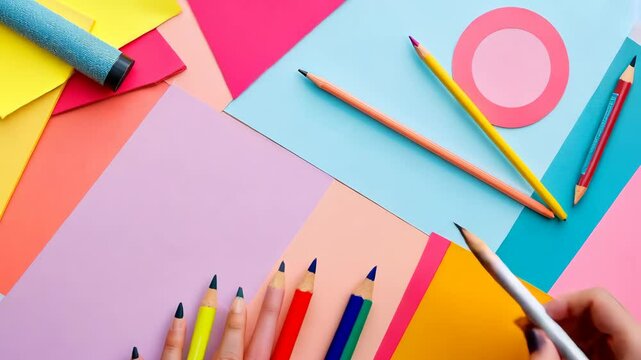 A colorful background with a blue and pink circle and a red and yellow square. A set of pencils and a roll of paper are on the background