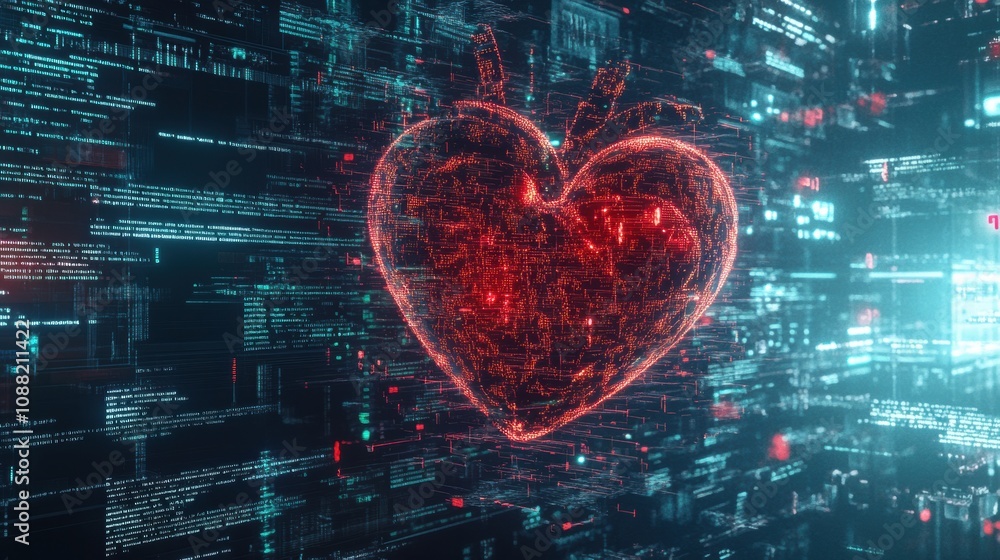 Aufkleber A human heart is prominently displayed, surrounded by dynamic streams of vibrant digital code, creating a tech-inspired atmosphere. Generative AI