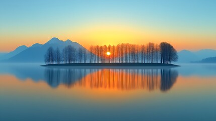 Obraz premium Serene Sunrise Over Lake Reflects Trees and Mountains in Tranquil Landscape : Generative AI