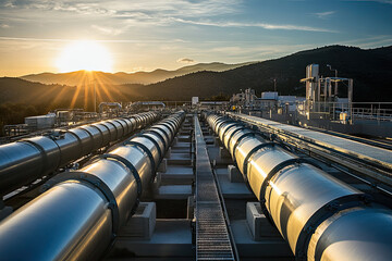 Solar-powered desalination plant for sustainable water supply. Environmental engineers solar energy experts and construction teams tackling water scarcity