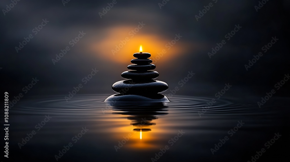 Aufkleber Zen Stone Stack Balanced on Water with Candlelight and a Peaceful Glow in the Background : Generative AI