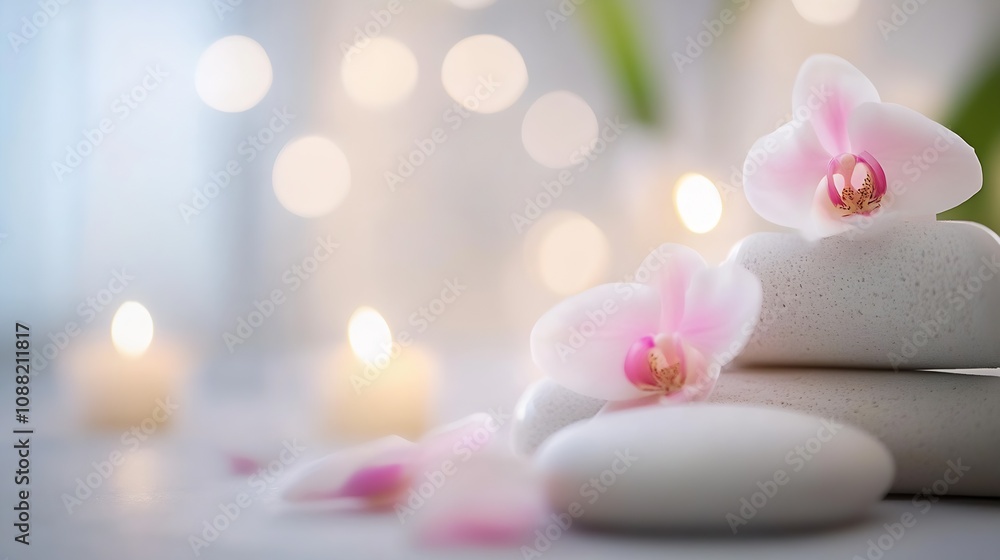 Poster serene spa setting with pink orchids on white stones and gentle candlelight : generative ai
