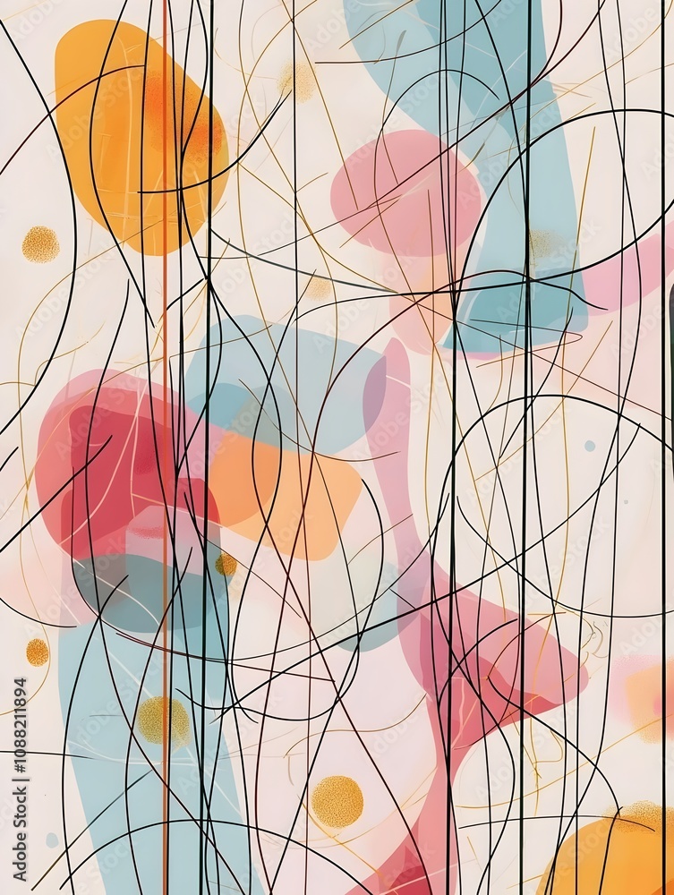 Poster an abstract composition featuring vibrant, overlapping shapes in orange, pink, and blue, contrasted 