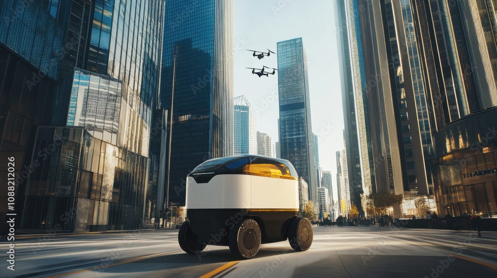 Poster a robotic courier delivering packages in a bustling metropolis, dynamic and urban setting with skysc