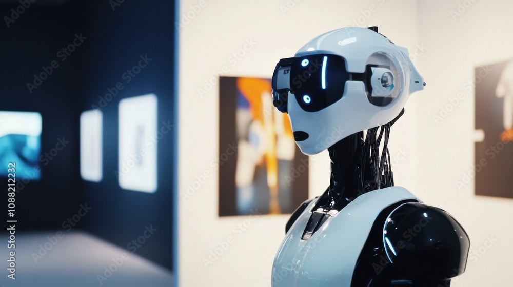 Poster a robotic curator managing a futuristic art exhibition in a high-tech museum, avant-garde and sophis
