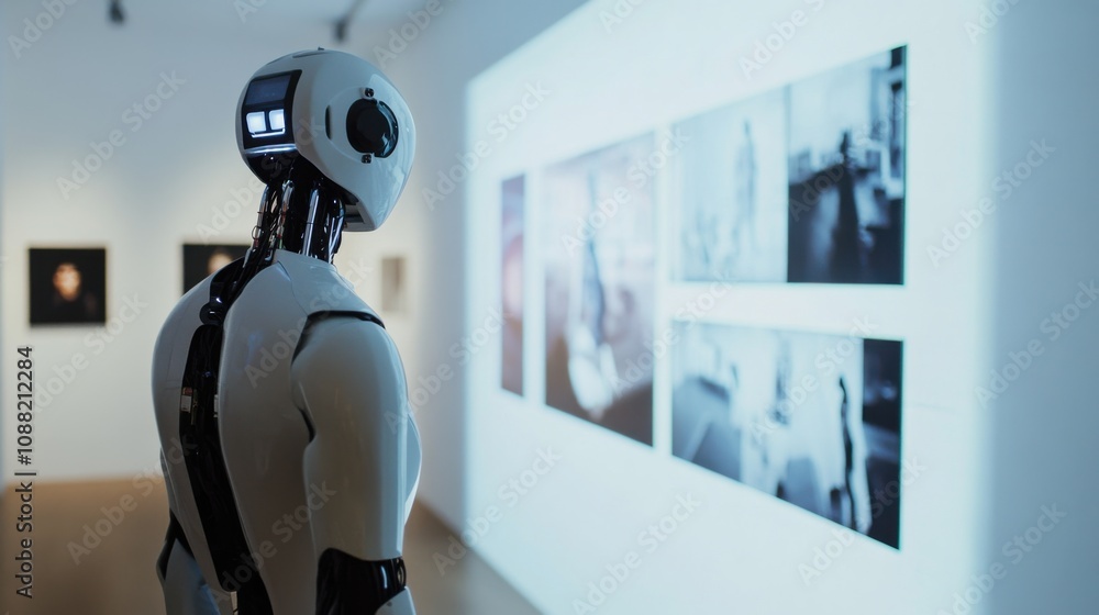 Poster A robotic curator managing a futuristic art exhibition in a high-tech museum, avant-garde and sophisticated setting with interactive installations and digital artworks, Art Exhibition Robotics style