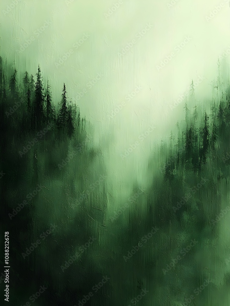 Poster a serene and mysterious forest scene featuring dark green trees fading into a soft, misty background