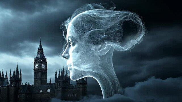 Gothic clocktower cityscape beneath turbulent storm clouds. Massive ethereal wraith face emerges from swirling temporal vortex. 